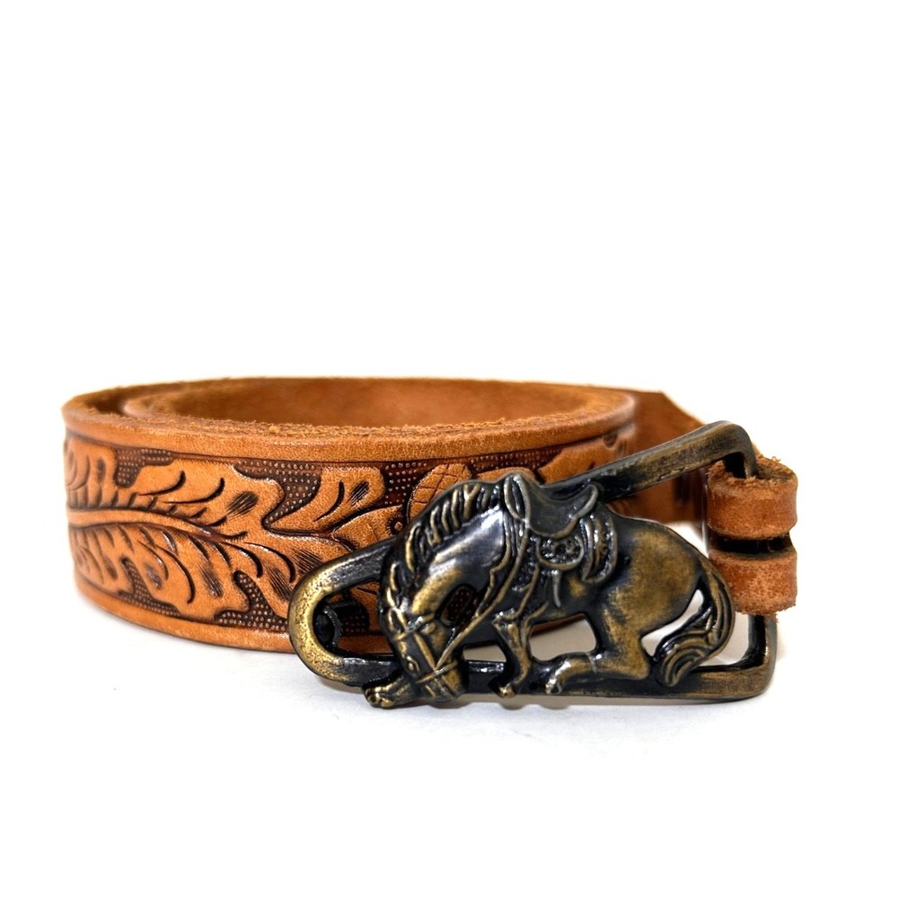 Justin Brass Horse Buckle Top Grain Cowhide Leather Belt Tooled Size 34 USA